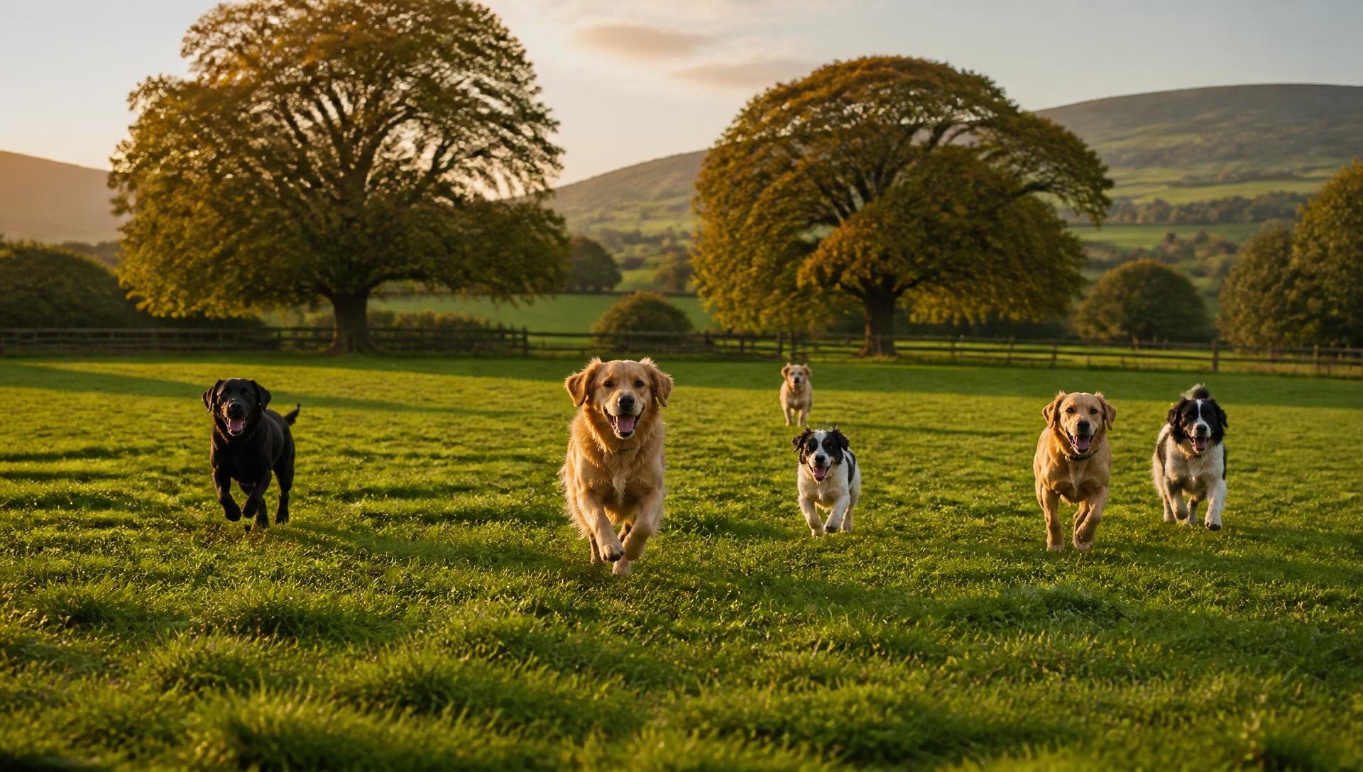 Dogs running across a large green grass paddock at Beech Grove Boarding Kennels in Glanmire, Cork